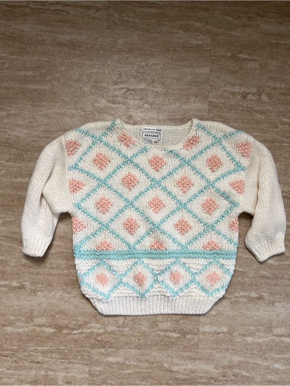 Hand Knitted Off White Crewneck Sweater Pink & Aqua Diamond Motif Large